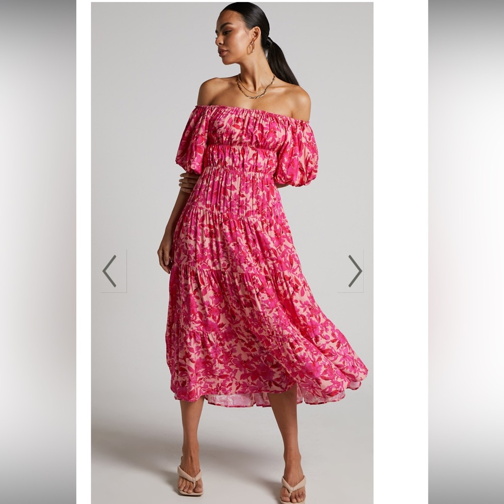 SHOWPO DELILAH MIDI DRESS - OFF SHOULDER PUFF SLEEVE TIERED in coral pink